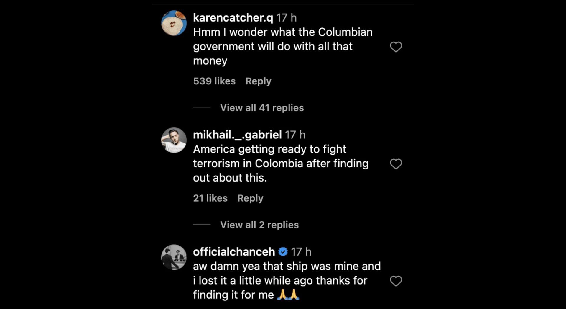 Social media users react as the Colombian government announces the discovery of the San Jos&eacute; treasure (Image via Instagram)