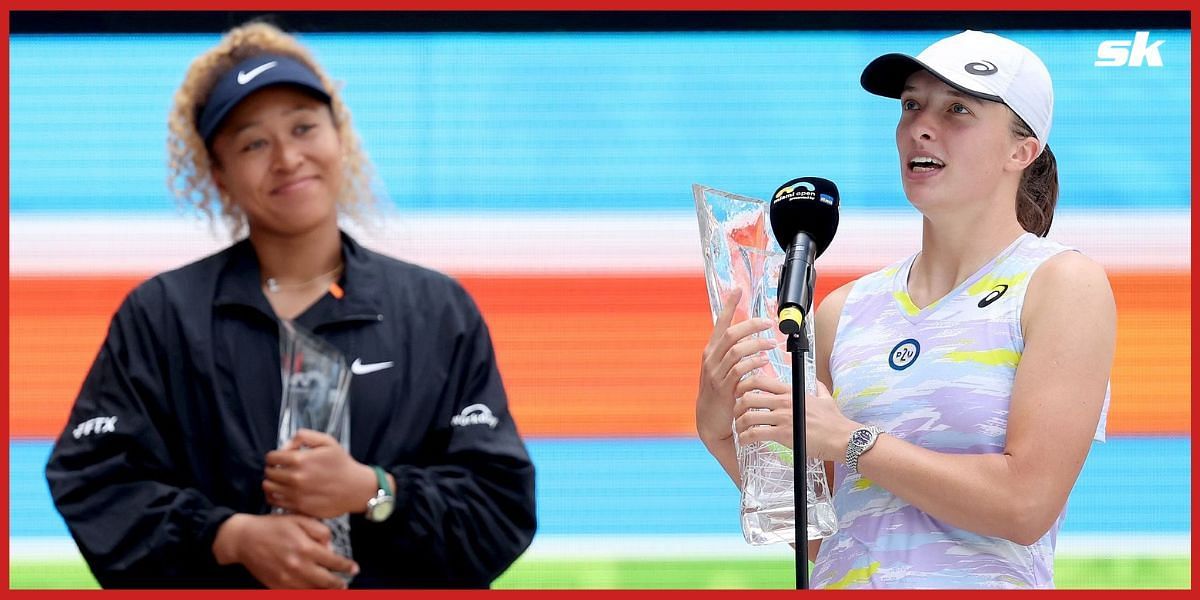 Iga Swiatek and Naomi Osaka with the Miami Open trophy.