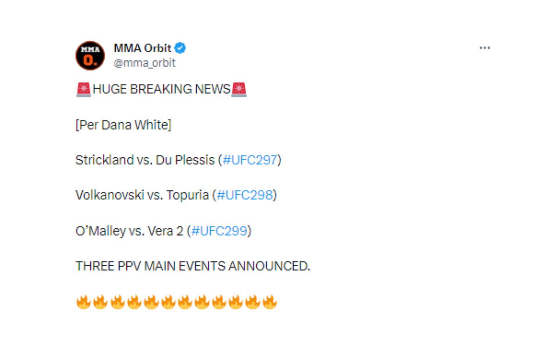 Tweet regarding UFC 297, UFC 298, UFC 299 headliners