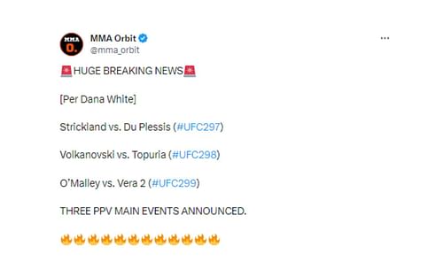 Tweet regarding UFC 297, UFC 298, UFC 299 headliners