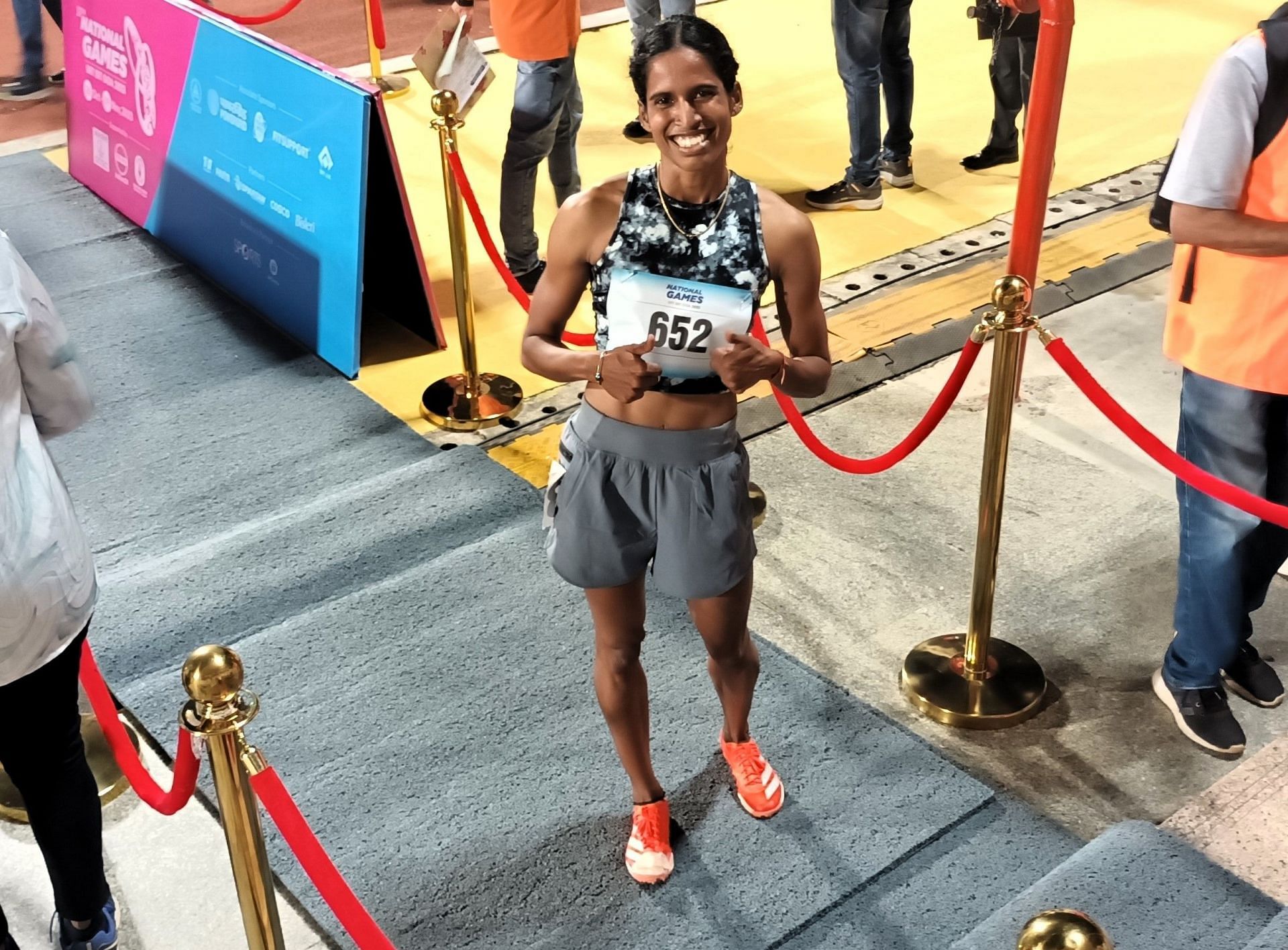 Vithya Ramraj of Tamil Nadu won gold medal in women&rsquo;s 400m hurdles at the 37th National Games in Goa. Photo credit: Navneet Singh.