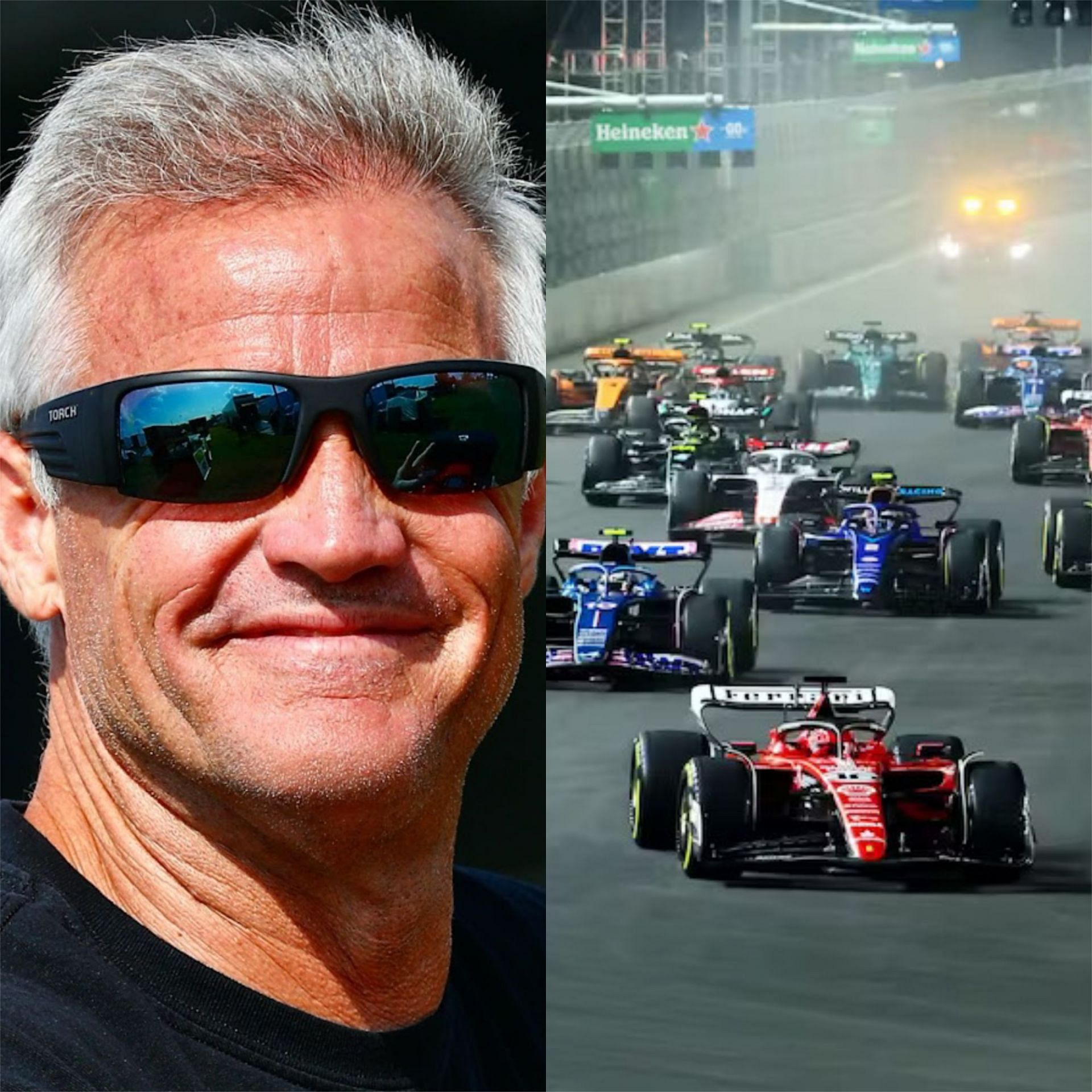 (L-R) Former NASCAR driver Kenny Wallace, Cars racing during the 2023 F1 Las Vegas Grand Prix.