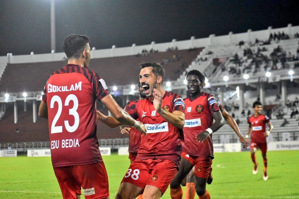 Gokulam Kerala celebrating a goal against Rajasthan FC