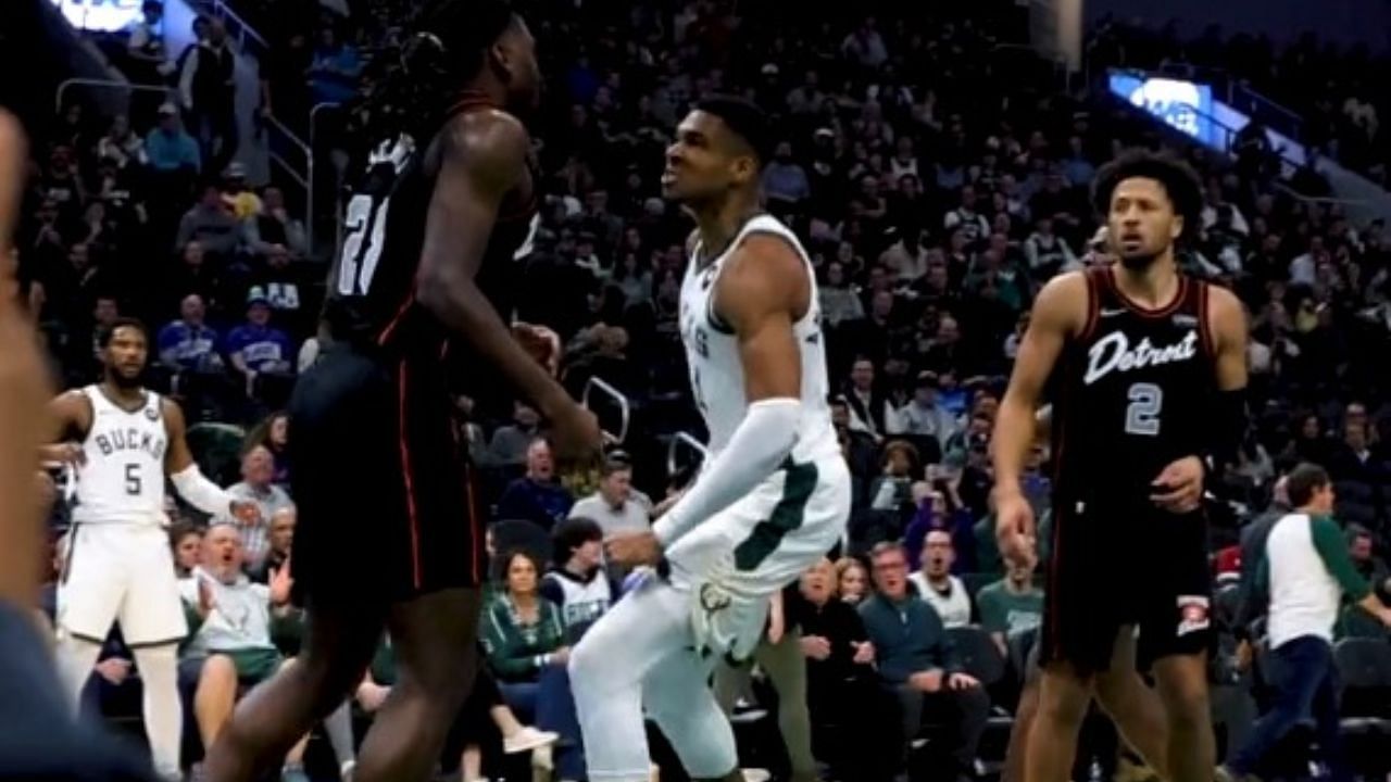Giannis Antetokounmpo was called for a technical foul for staring down Isaiah Stewart of the Detroit Pistons.