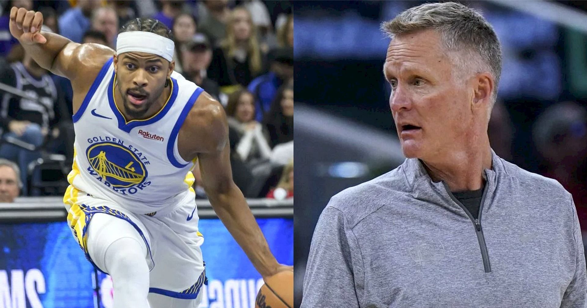Golden State Warriors wing Moses Moody and Warriors coach Steve Kerr