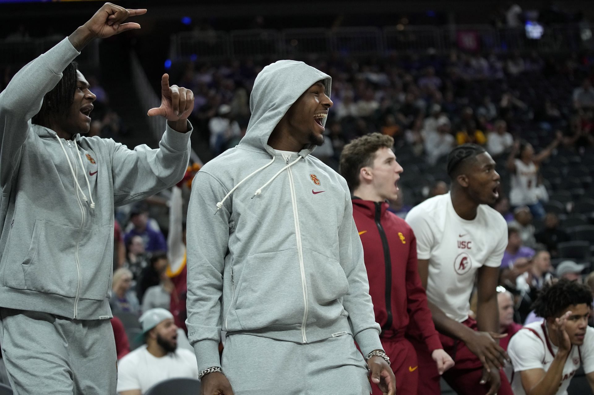 Bronny James cheering USC on Monday against Kansas State.