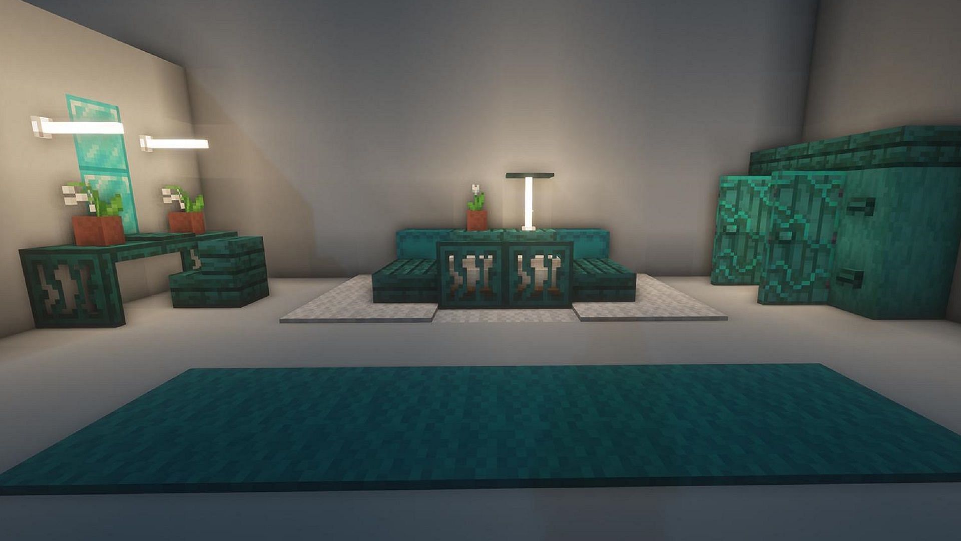 A cyan/white color combination can excel in a Minecraft bedroom (Image via Mypixelplace/Reddit)