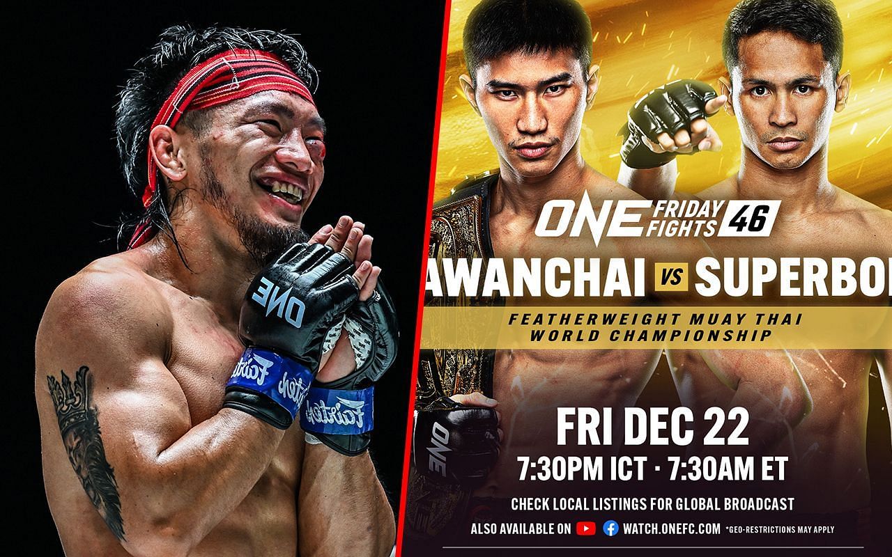 Lito Adiwang (left) and the fight poster between Tawanchai and Superbon (right)