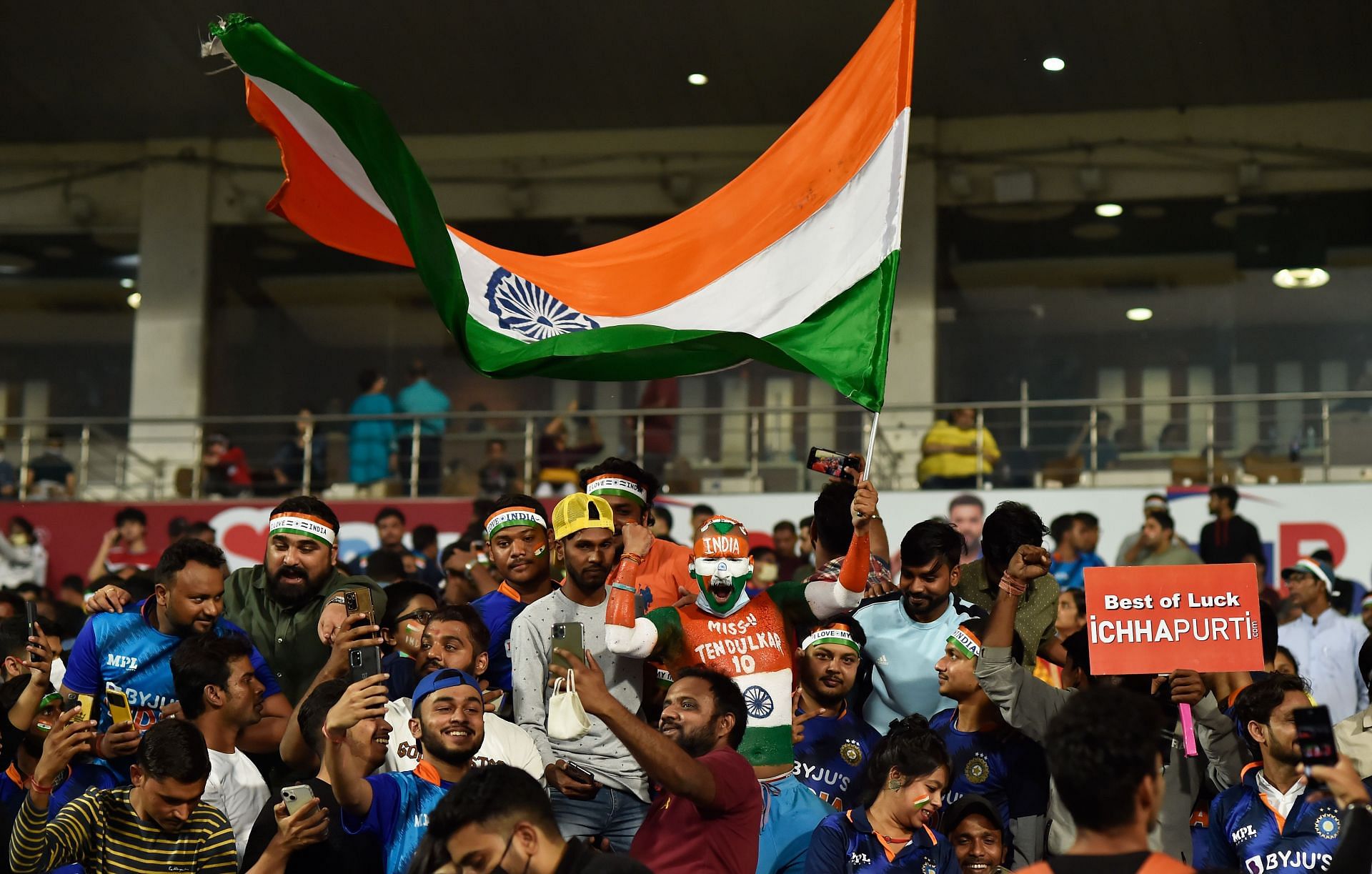 Fans at the Eden Gardens cheer during an India v New Zealand T20 International