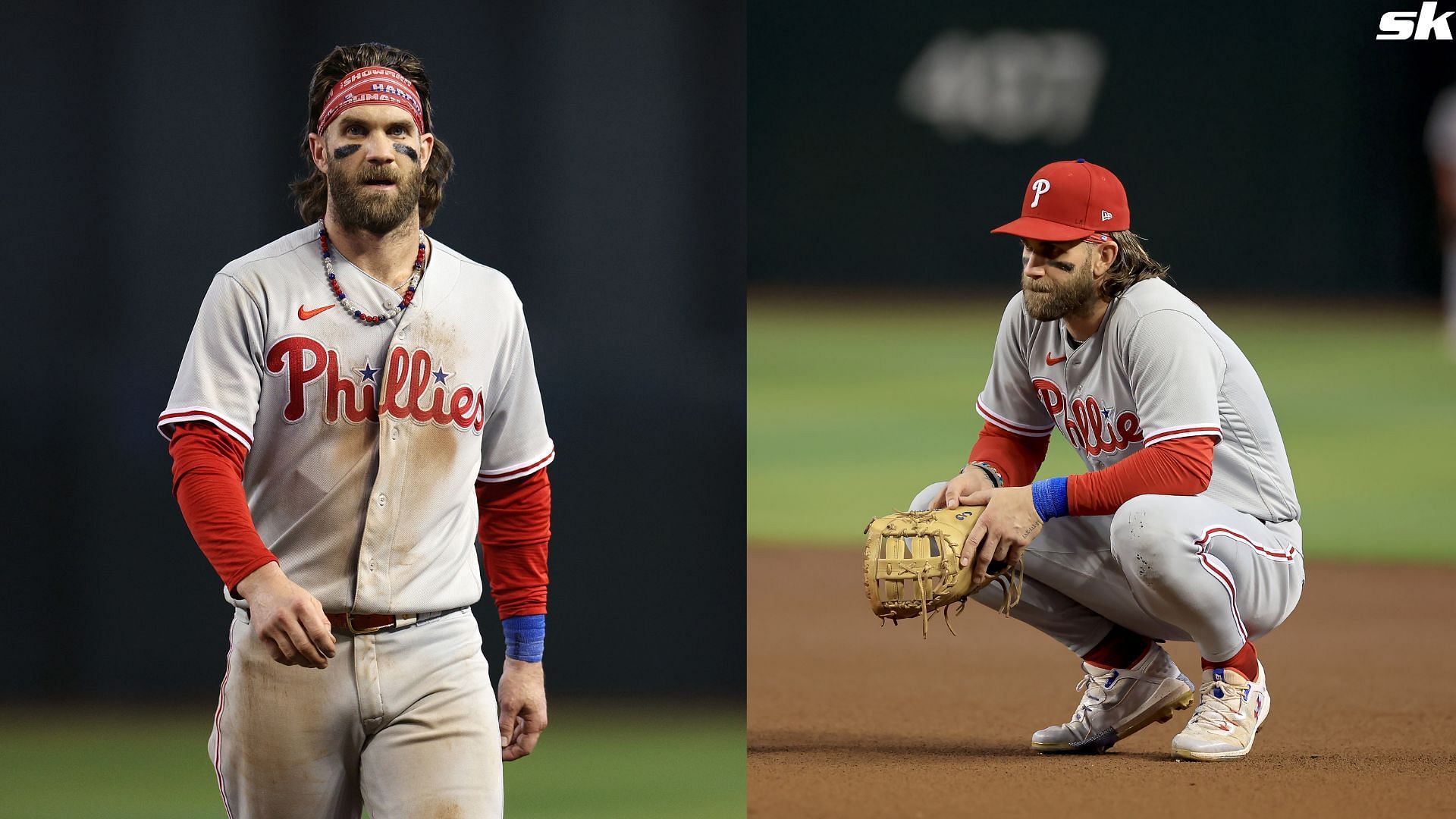 Bryce Harper of the Philadelphia Phillies reacts after being left stranded on second base against the Arizona Diamondbacks during the NLCS