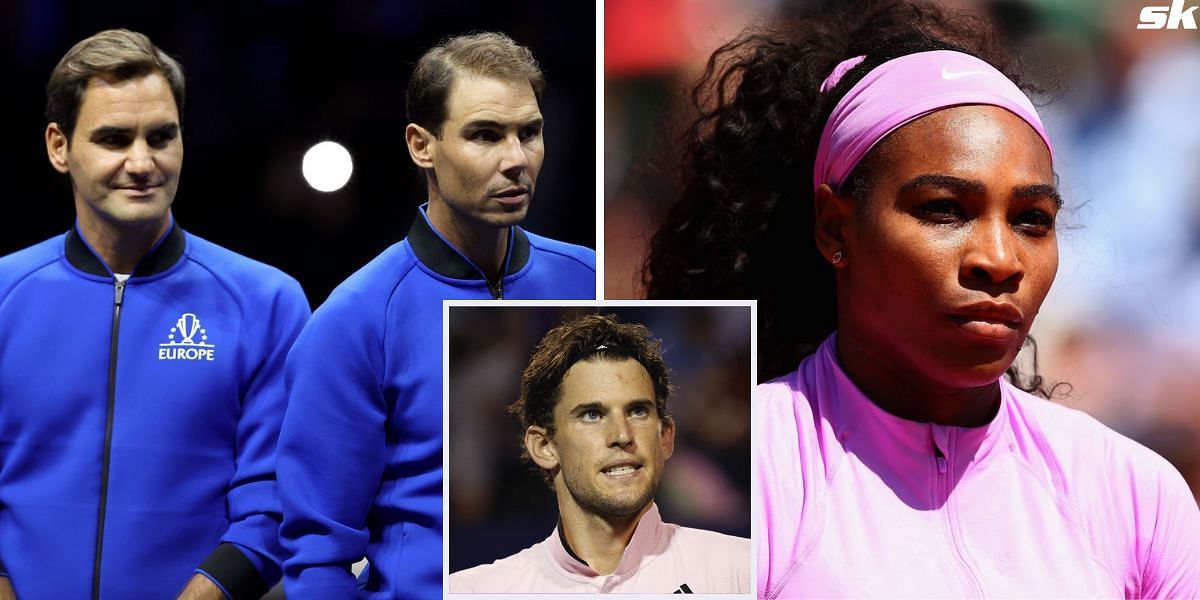 Roger Federer and Rafael Nadal (L), Serena Williams (R) and Dominic Thiem (inset)