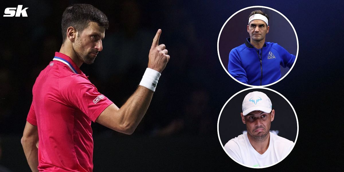 Novak Djokovic; Inset: Roger Federer and Rafael Nadal