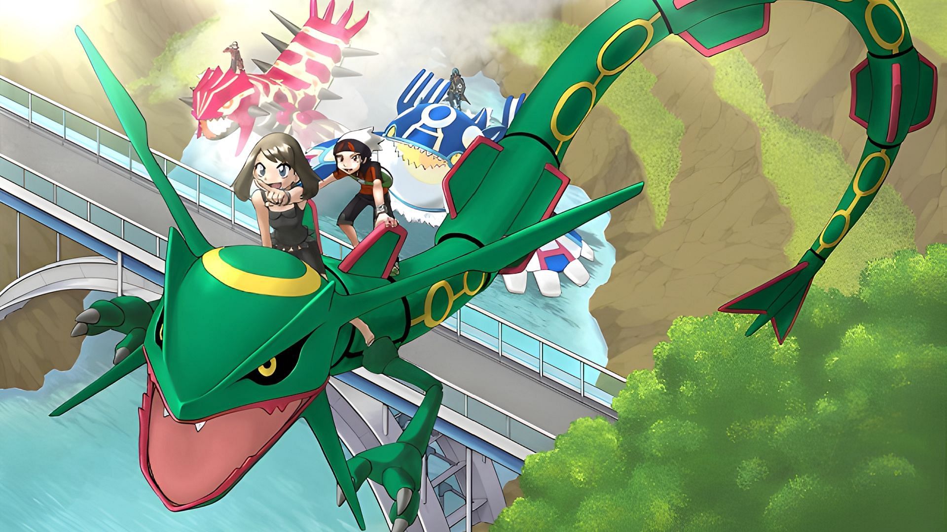 Hoenn&#039;s Pocket Monsters bow in deference to Rayquaza (Image via Game Freak)