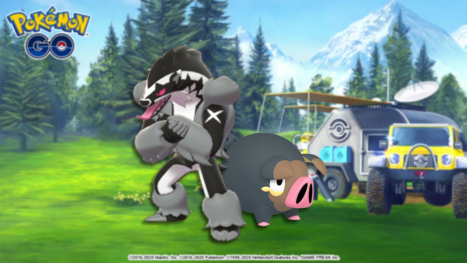 Obstagoon and Lechonk in Pokemon GO (Image via The Pokemon Company)