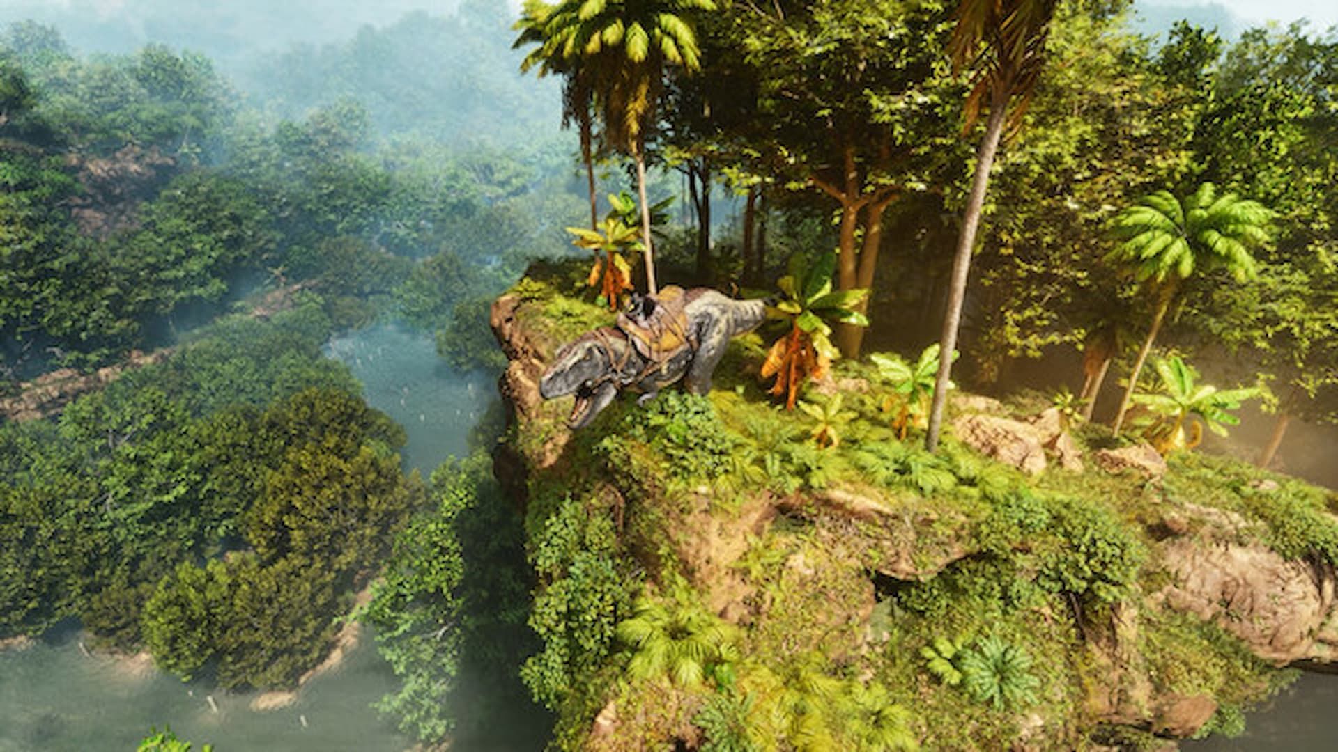 Dinosaur roaring over a cliff in ARK Survival Ascended