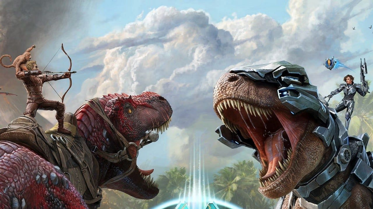 two tamed Rexes fighting, Ark Survival Ascended key art