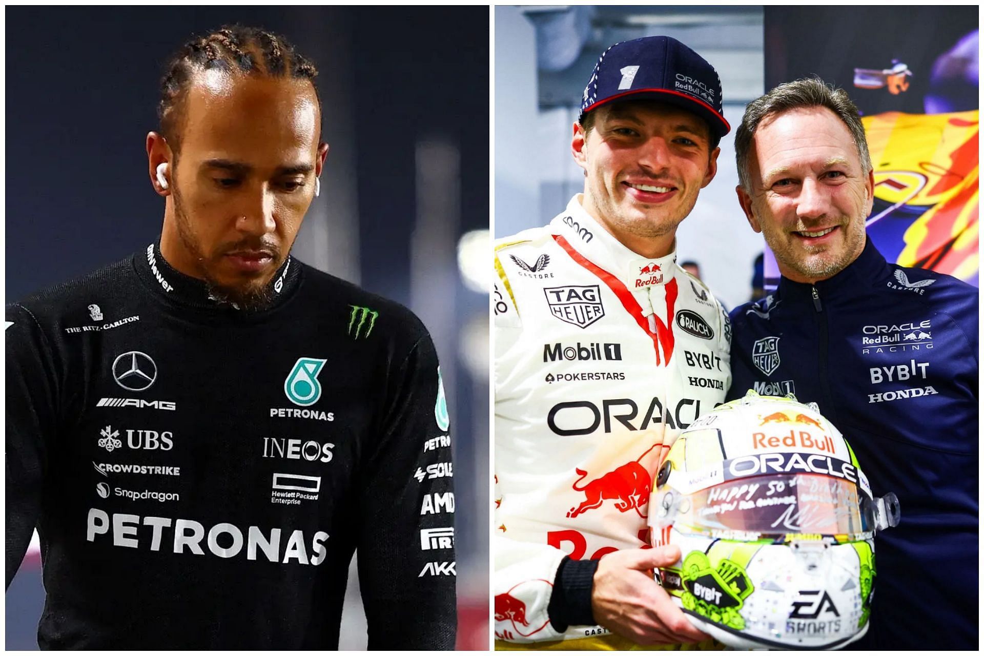 Lewis Hamilton (L), Max Verstappen (C) and Christian Horner (R) (Collage via Sportskeeda)