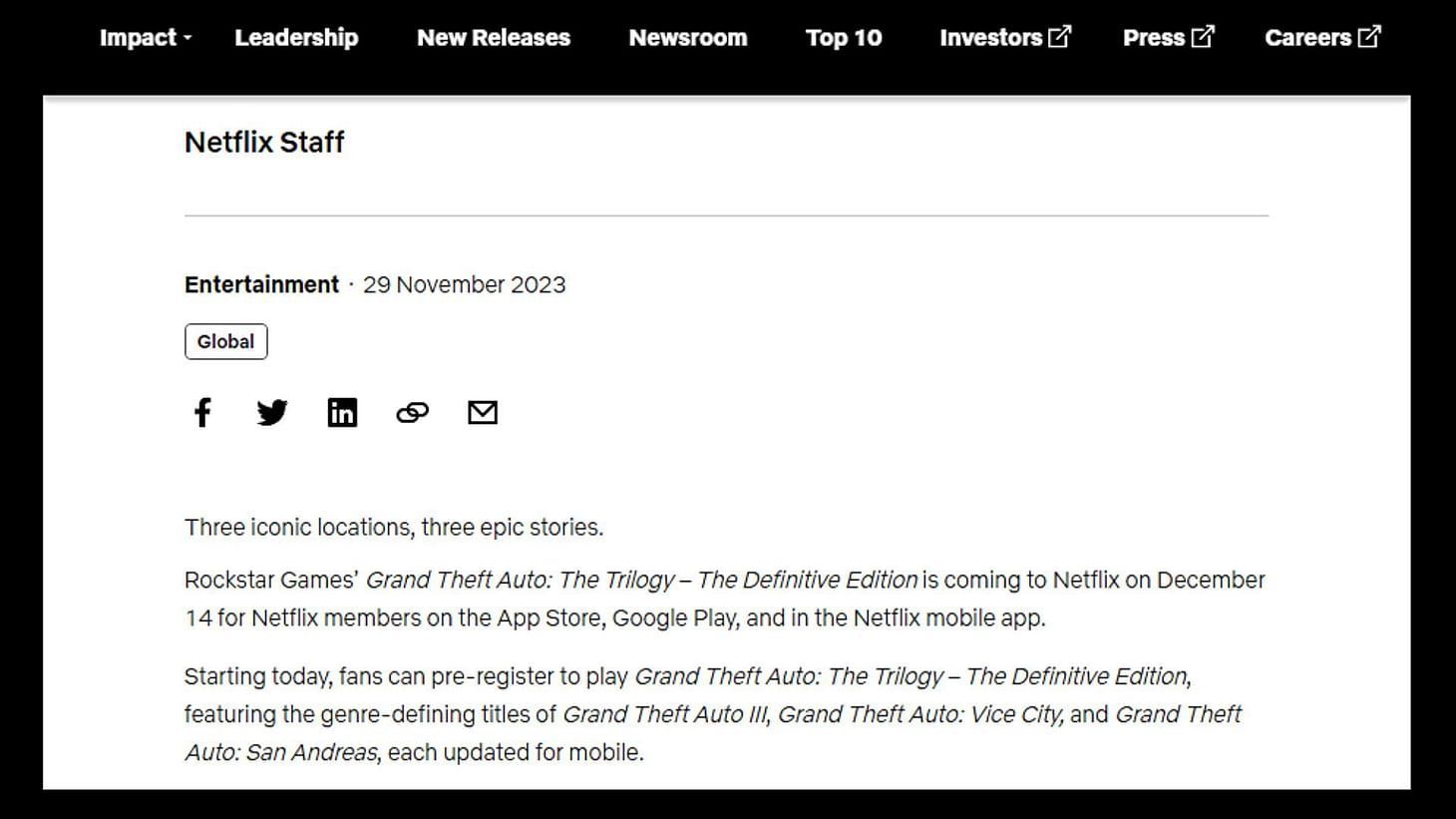 Grand Theft Auto Trilogy&#039;s Definitive Edition will release on Netflix on December 14 (Image via about.netflix.com)