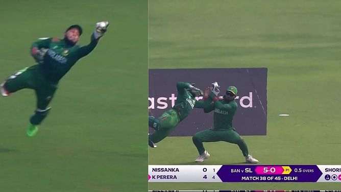 [WATCH] Mushfiqur Rahim claims a stunning diving catch to dismiss Kusal Perera in SL vs BAN 2023 ODI World Cup match