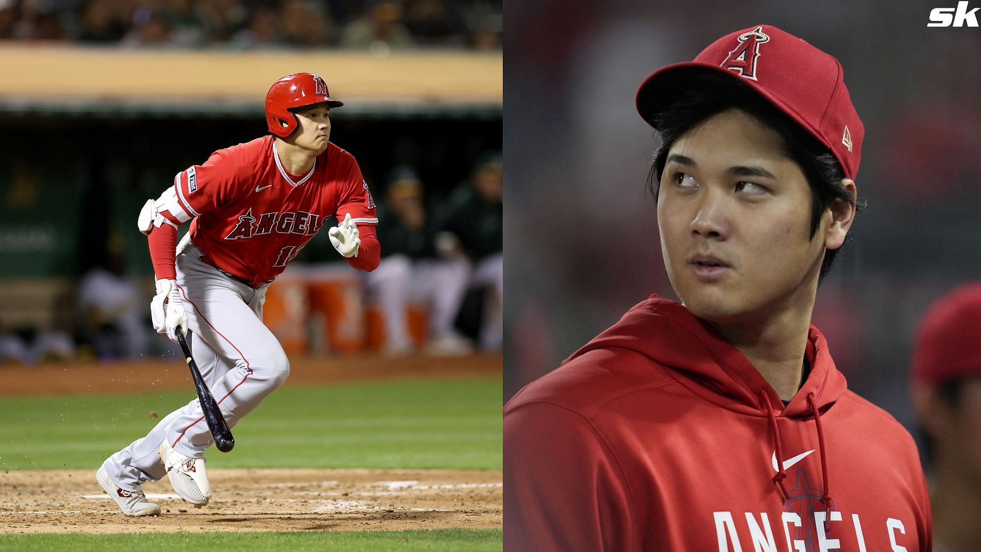 Shohei Ohtani of the Los Angeles Angels hits a double against the Oakland Athletics