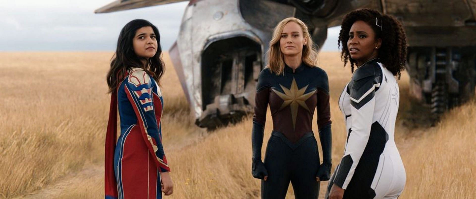 Iman Vellani, Brie Larson, and Teyonah Parris in a scene from The Marvels (Image via Marvel Studios)