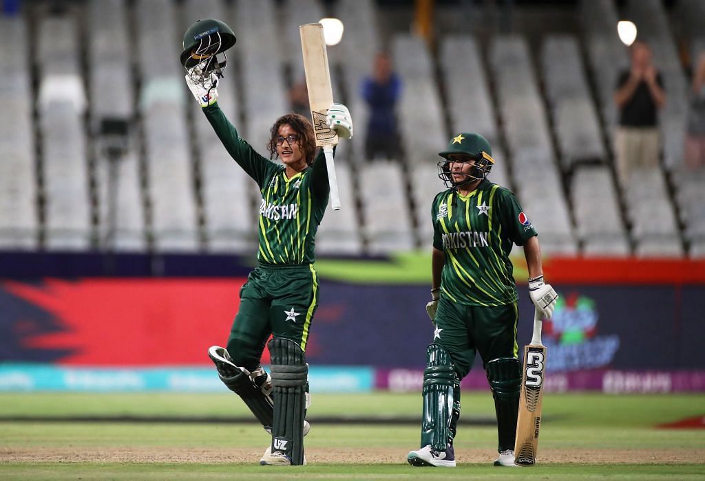 Muneeba Ali celebrates her century at the World Cup (Image Credits: ICC vis Getty Images)