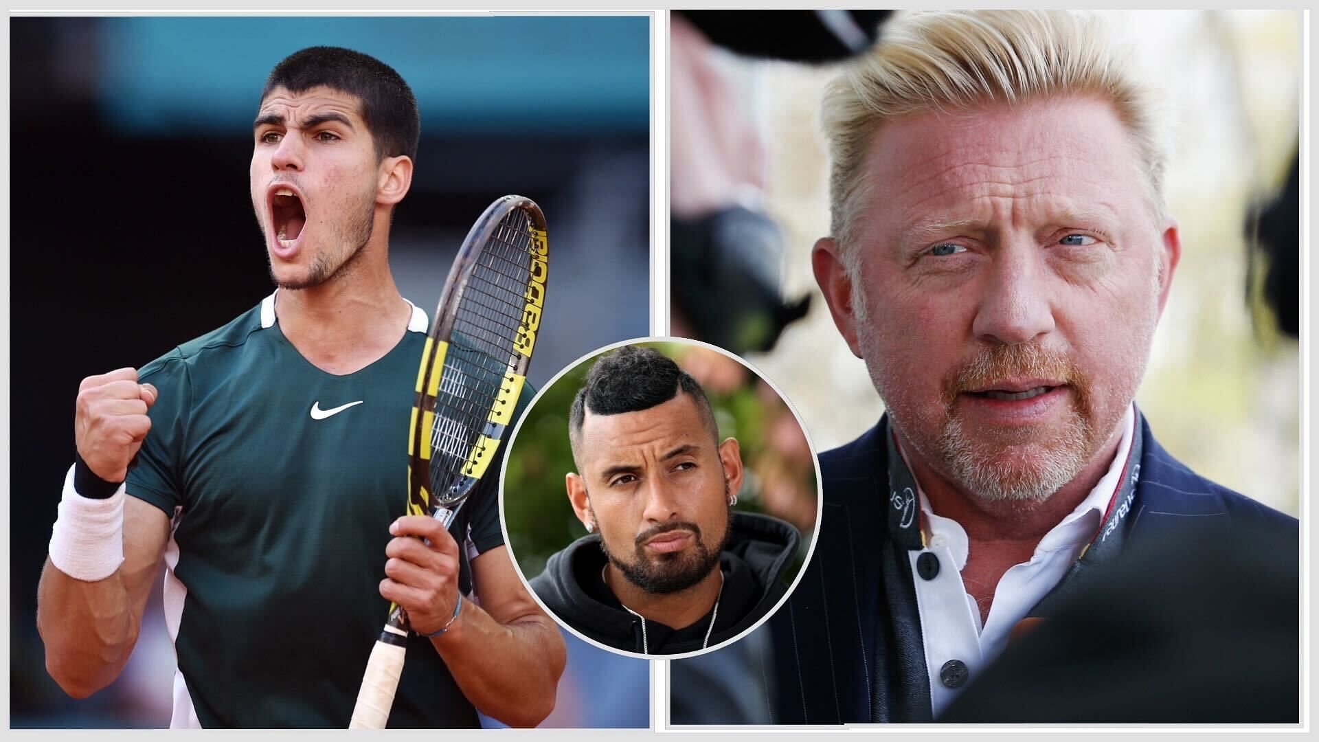 Carlos Alcaraz (L), Boris Becker (R) and Nick Kyrgios (Inset)