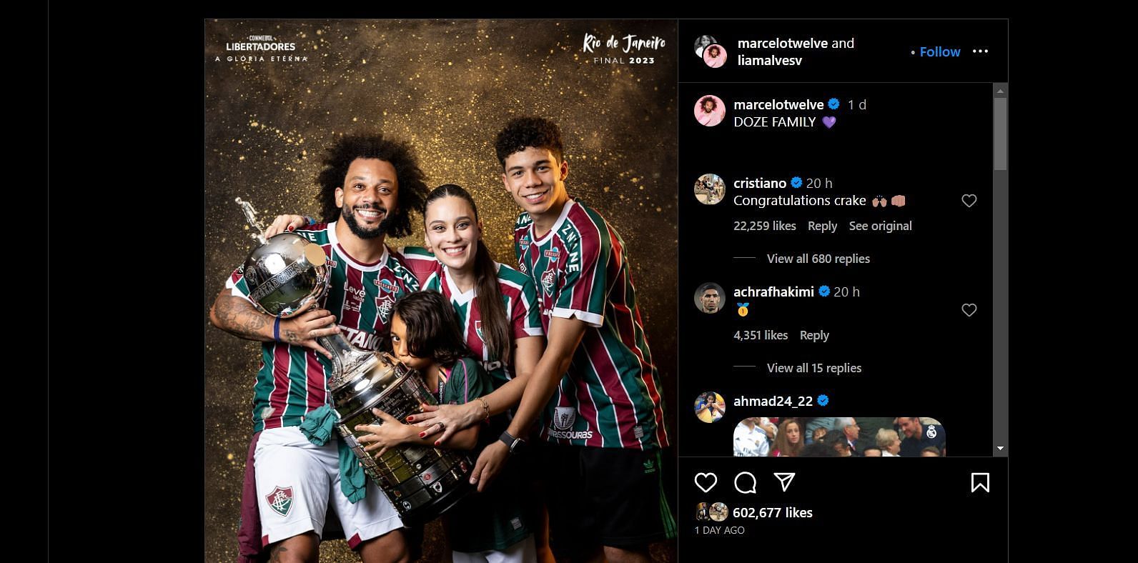 Screenshot of Ronaldo and Hakimi&#039;s message on Marcelo&#039;s Instagram post