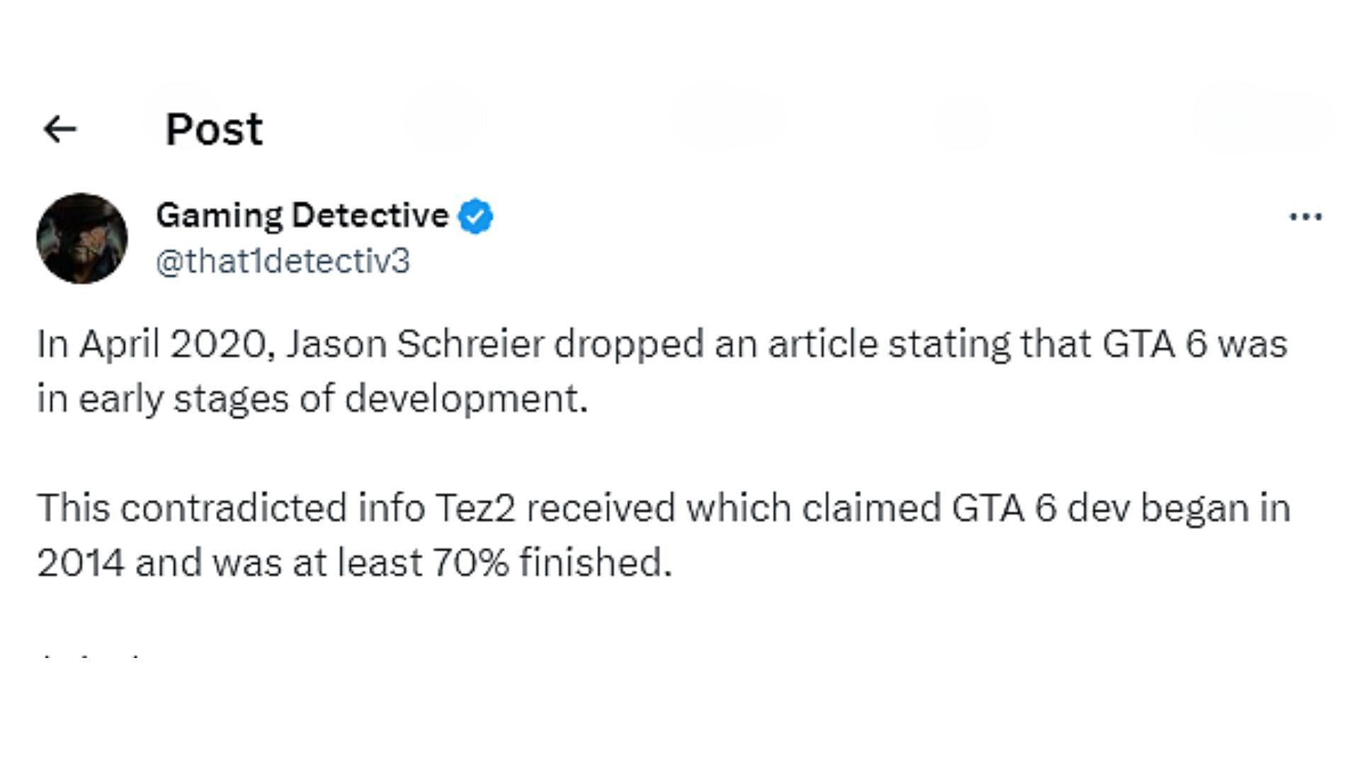 Grand Theft Auto 6&#039;s development estimates (Image via X/@that1detectiv3)