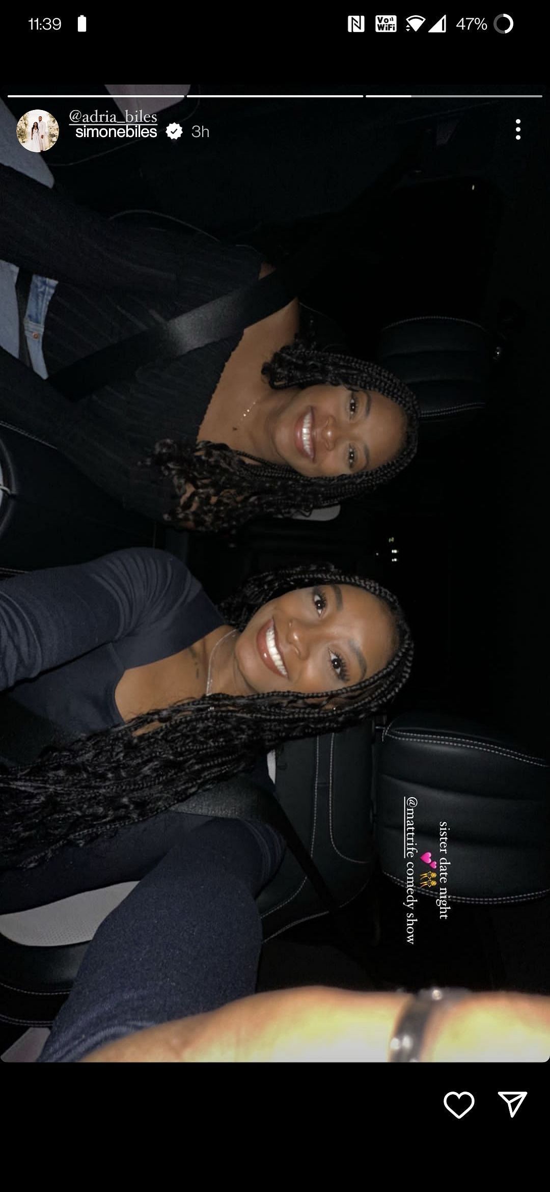 Screenshot of Simone Biles&#039; Instagram story along with her sister.
