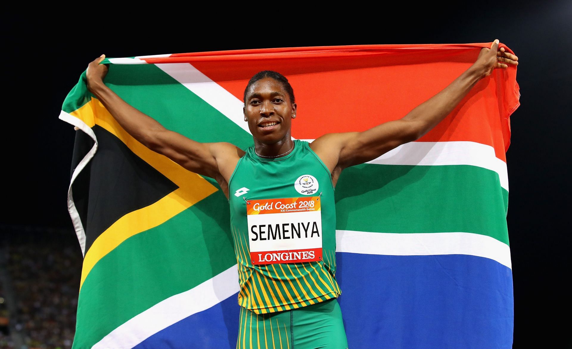 Caster Semenya of South Africa celebrates winning gold in the Women&#039;s 800 meters final during the 2018 Commonwealth Games in Gold Coast, Australia.