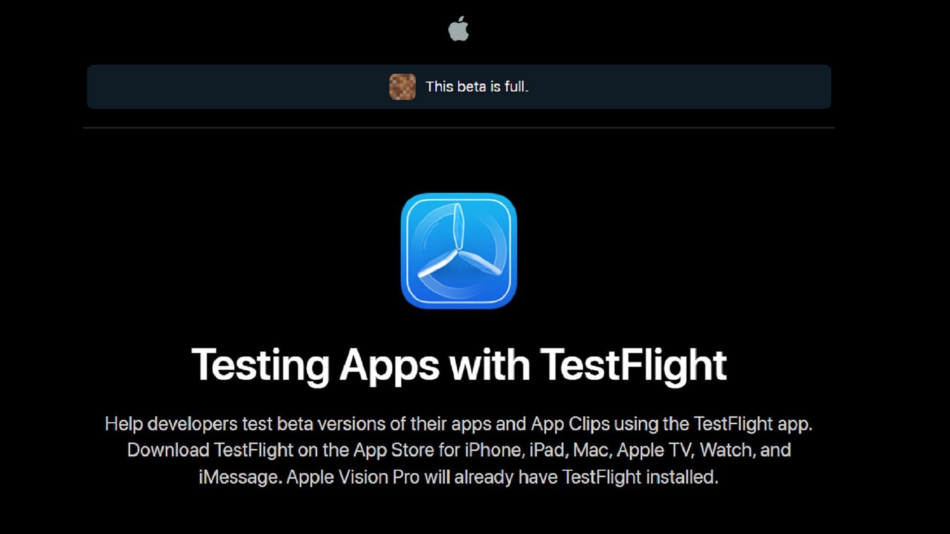 Testflight signups tend to be at near-capacity for the Bedrock Preview (Image via Apple)