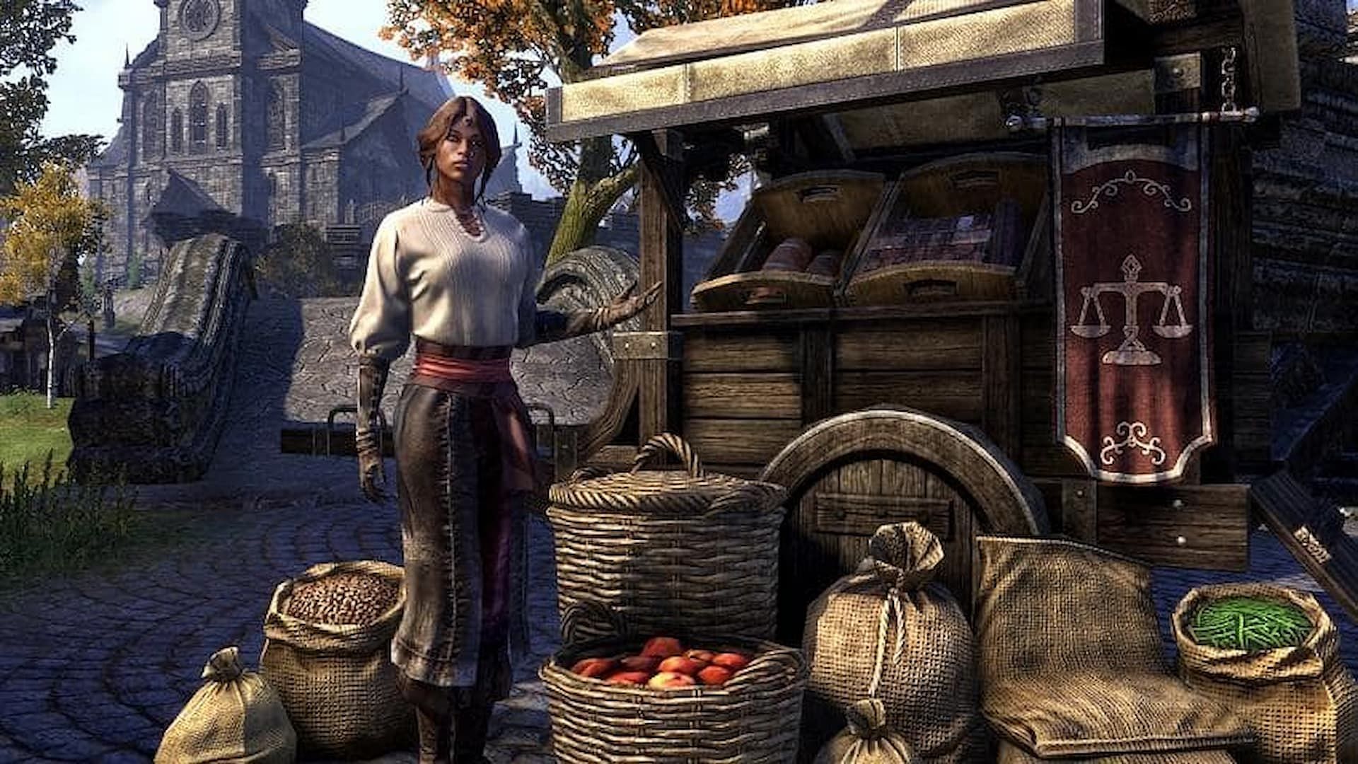 A merchant in The Elder Scrolls Online with bags of fruits and vegetables like apples