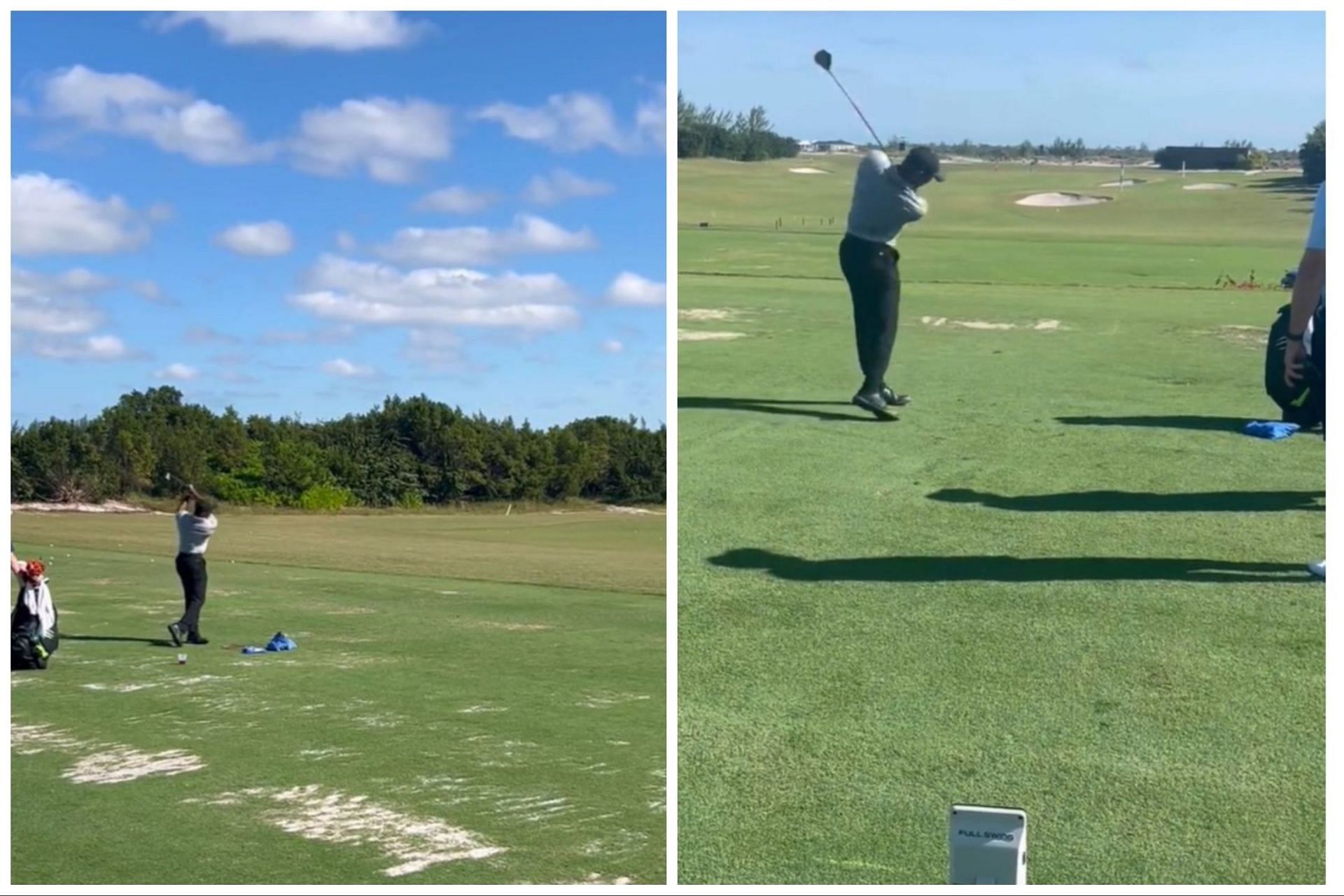 Tiger Woods practices swing ahead of the Hero World Challenge(Image 1 via Twitter.com/twitter.com/PaulHodowanic, image 2 via twitter.com/FullSwingGolf)