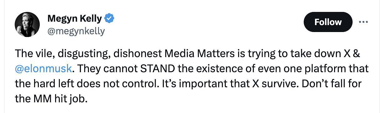 Kelly sided with Elon Musk in the Media Matters controversy. (Image via megynkelly/X)