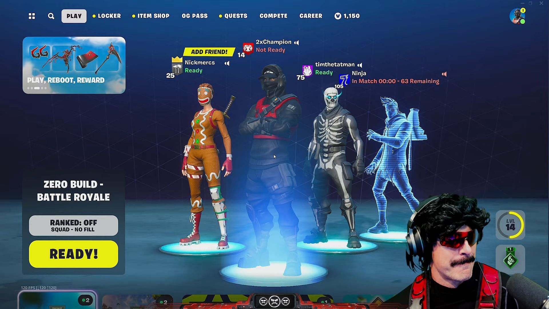 A screenshot of the four popular creators waiting in the lobby (Image via Dr DisRespect/YouTube)