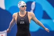 : Katie Ledecky warms up before the Women's 800 Meter Freestyle Final on day 1 of the Toyota US Open on November 29, 2023, in Greensboro, North Carolina.