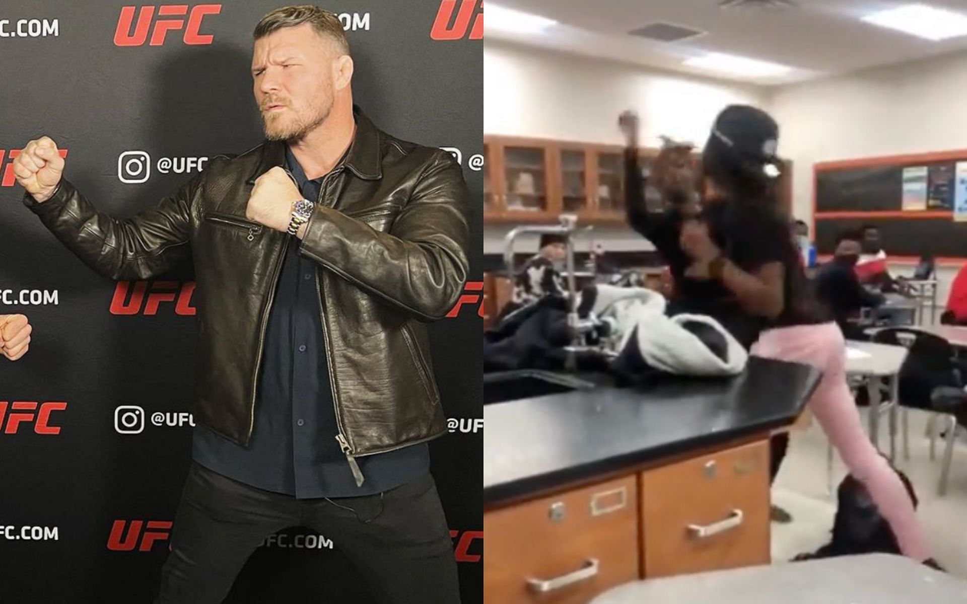 Michael Bisping (left) reacts to a viral high school fight (right) [Photo Courtesy @mikebisping on Instagram and @fighthaven on X]