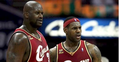 Former Cleveland Cavaliers teammates Shaquille O’Neal and LeBron James