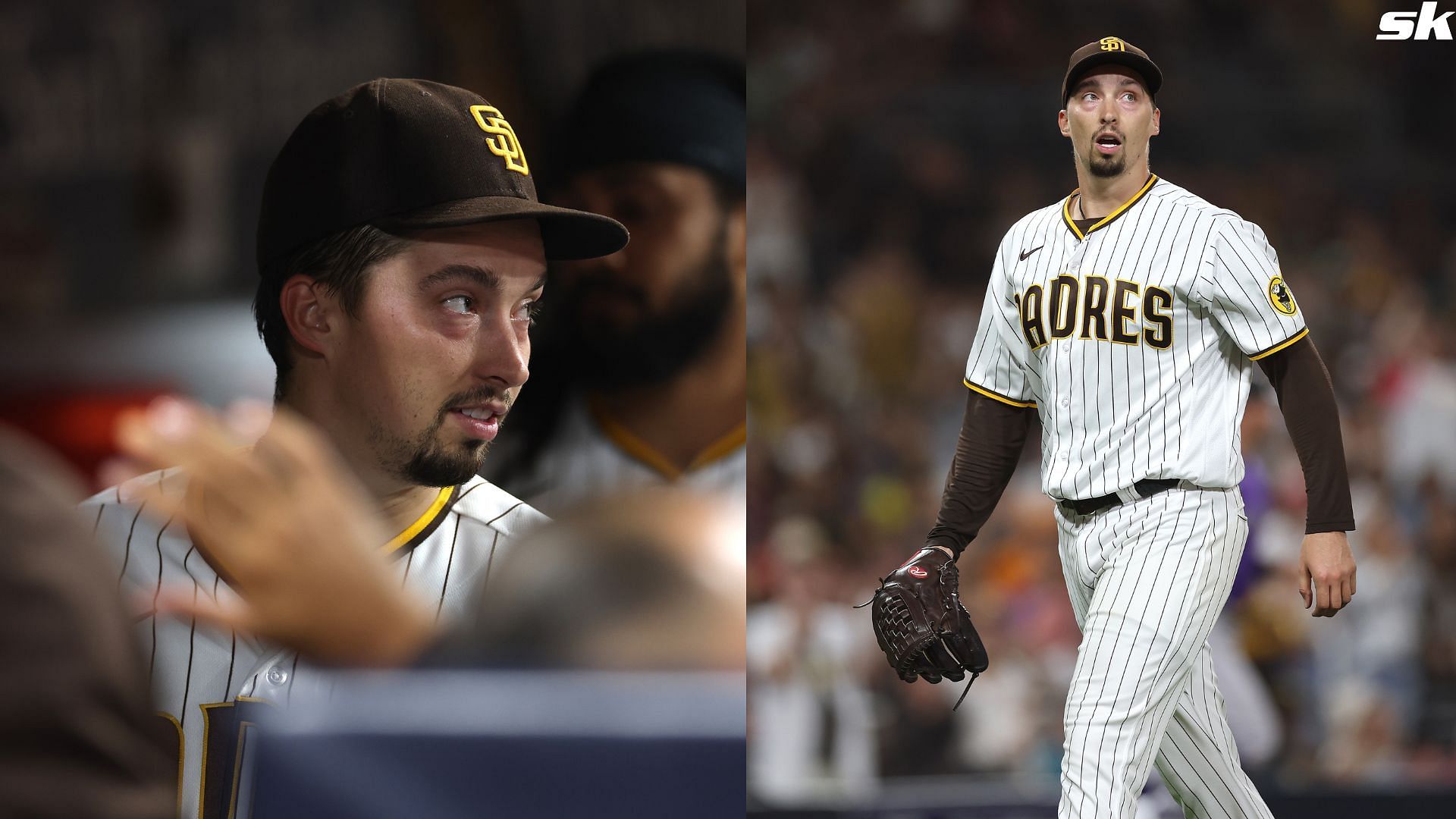 Blake Snell of the San Diego Padres reacts from the dugout after throwing seven hitless innings a game against the Colorado Rockies