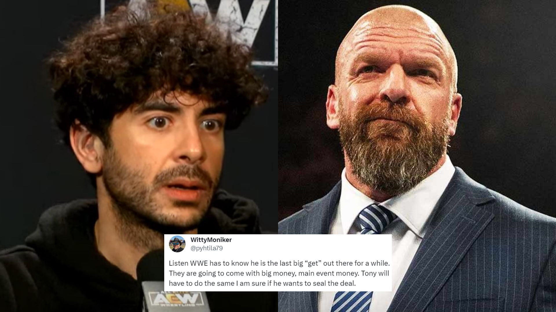 AEW CEO Tony Khan (left), WWE Head of Creative Triple H (right)