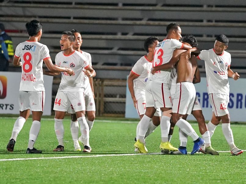 Aizwal FC players celebrating the winner against Sreenidi Deccan (Image Credits: X/I-League)