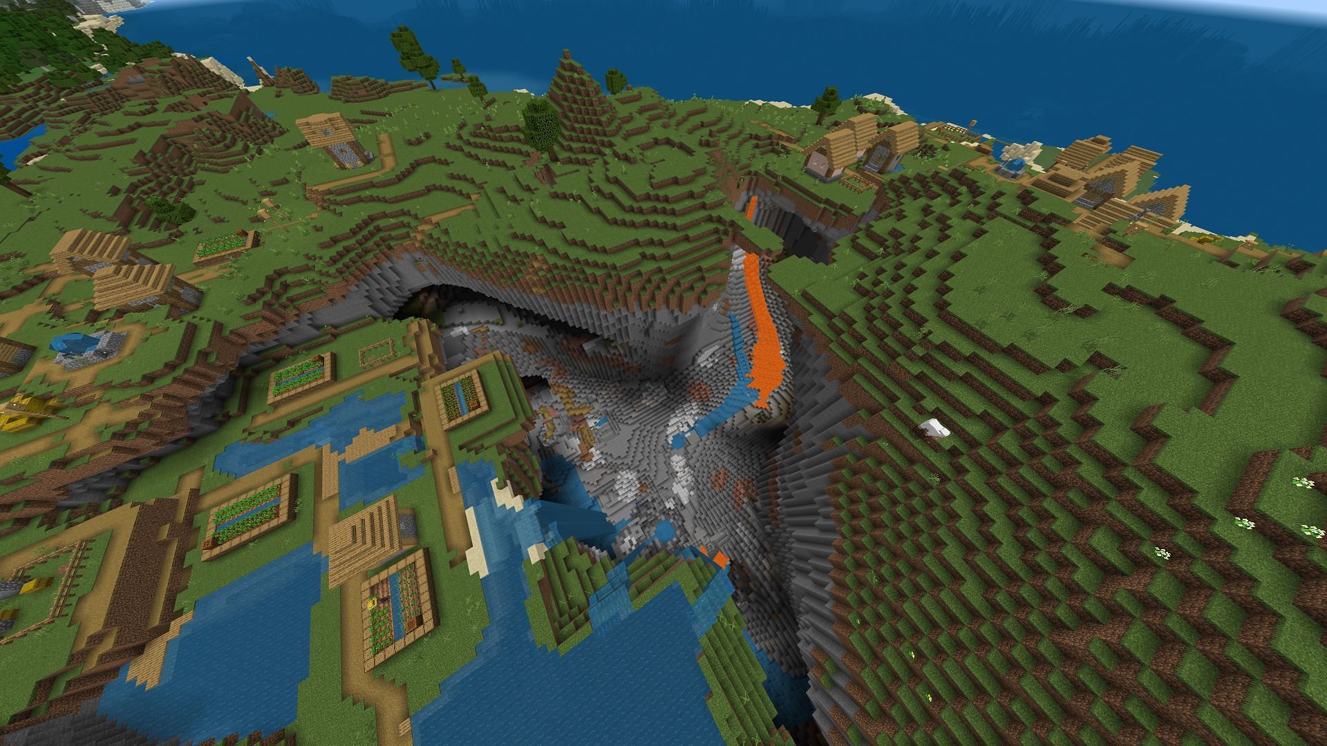 A sinkhole separates two modest villages in this seed (Image via Minecraft &amp; Chill/YouTube)