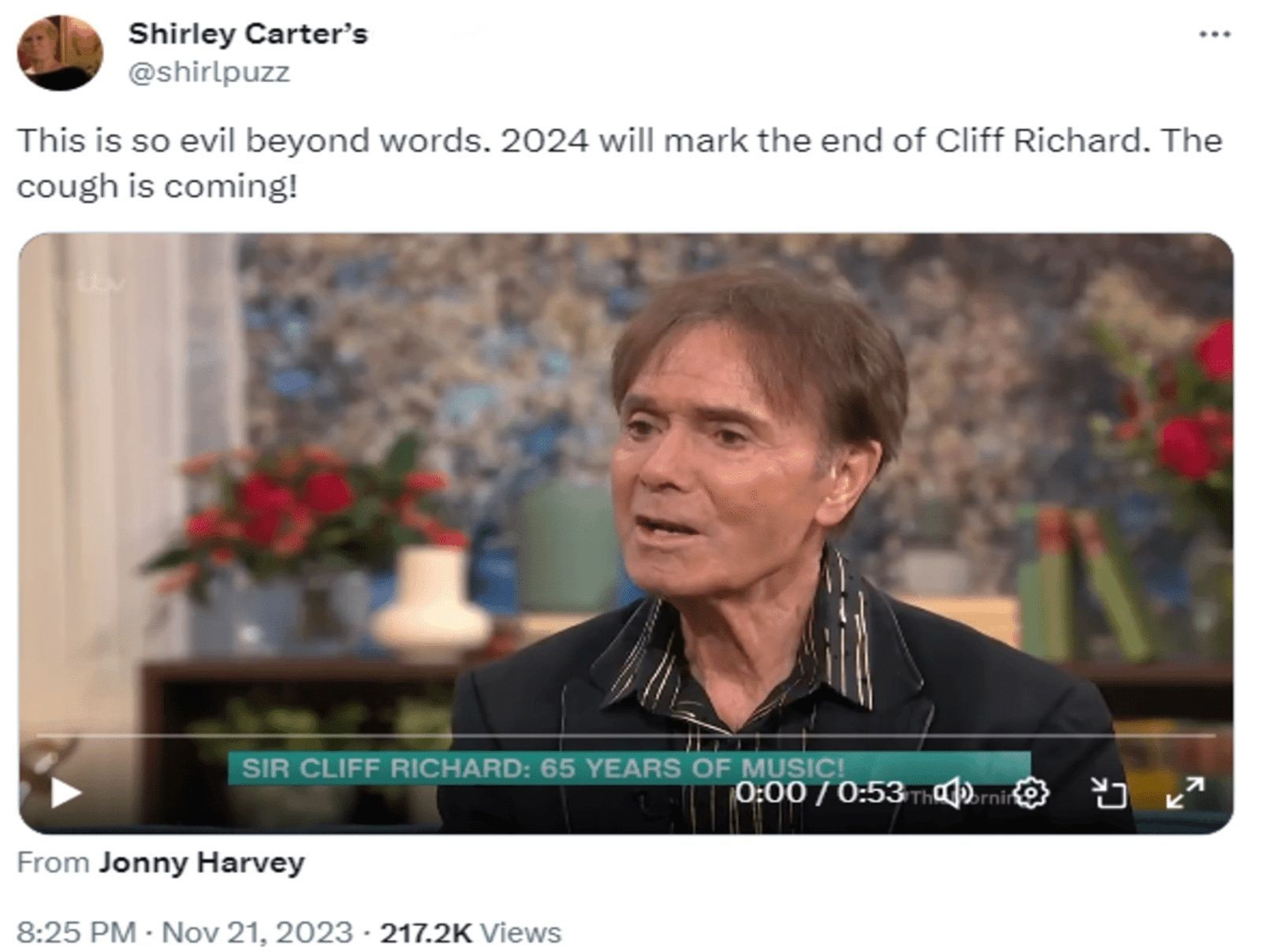 Cliff Richard at This Morning (Image via Twitter / Shirley Carter&#039;s P***y)