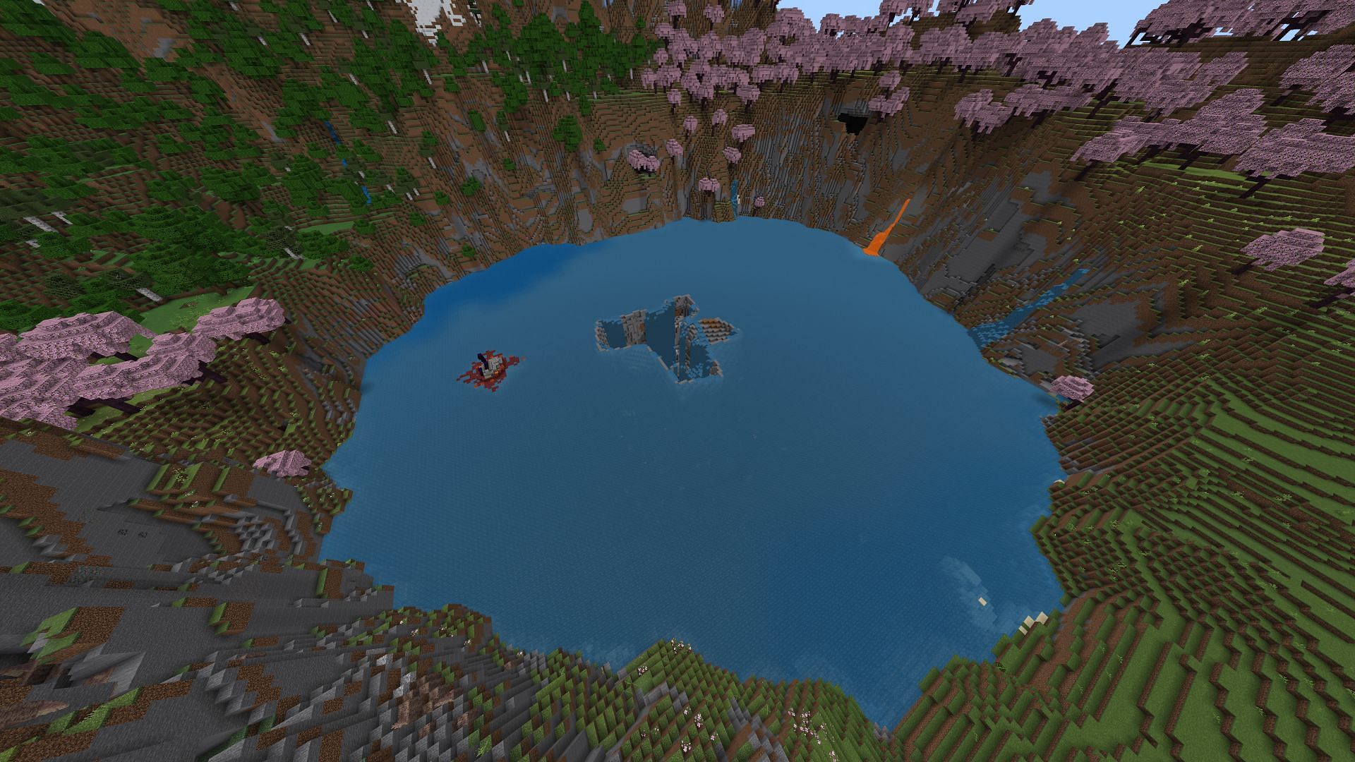 A cherry grove, a ruined portal, and a sinkhole make for a great trifecta (Image via Minecraft &amp; Chill/YouTube)