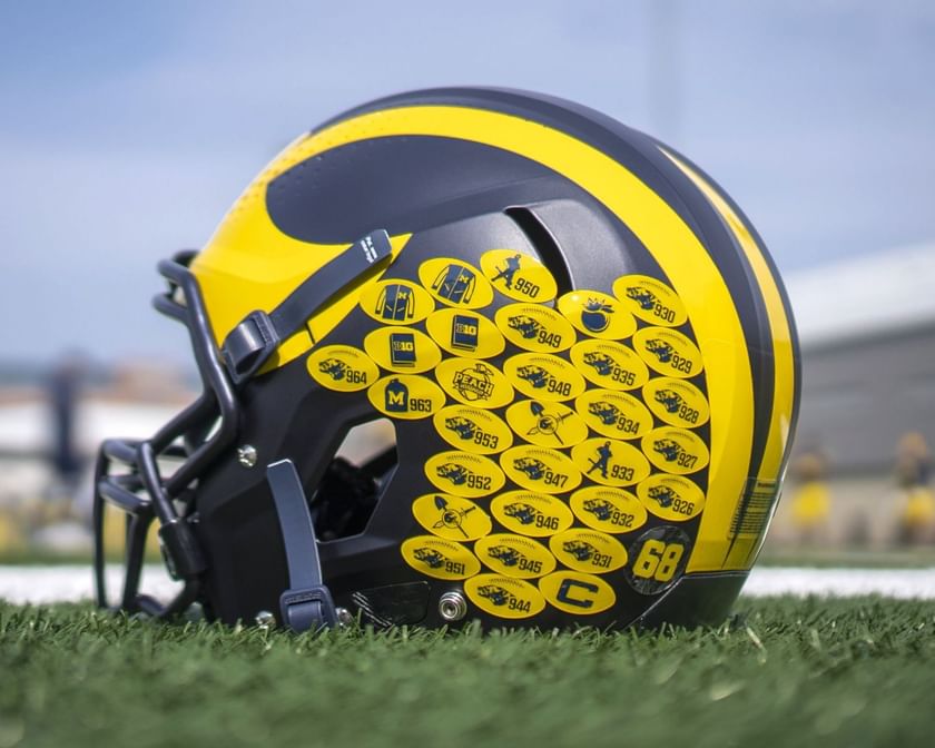What are the stickers on Michigan's football helmets? Taking a closer