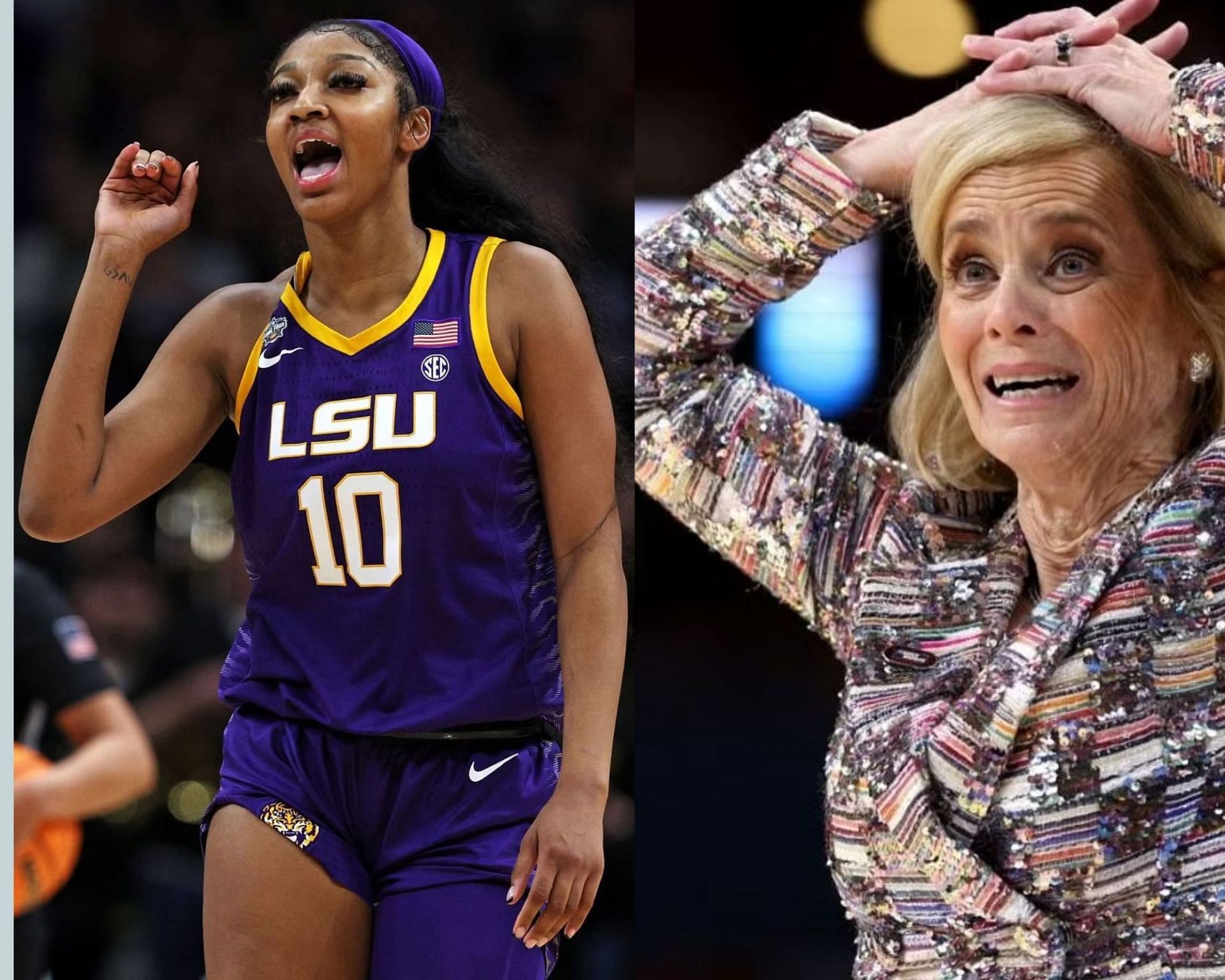 LSU Tigers basketball star Angel Reese and coach Kim Mulkey 