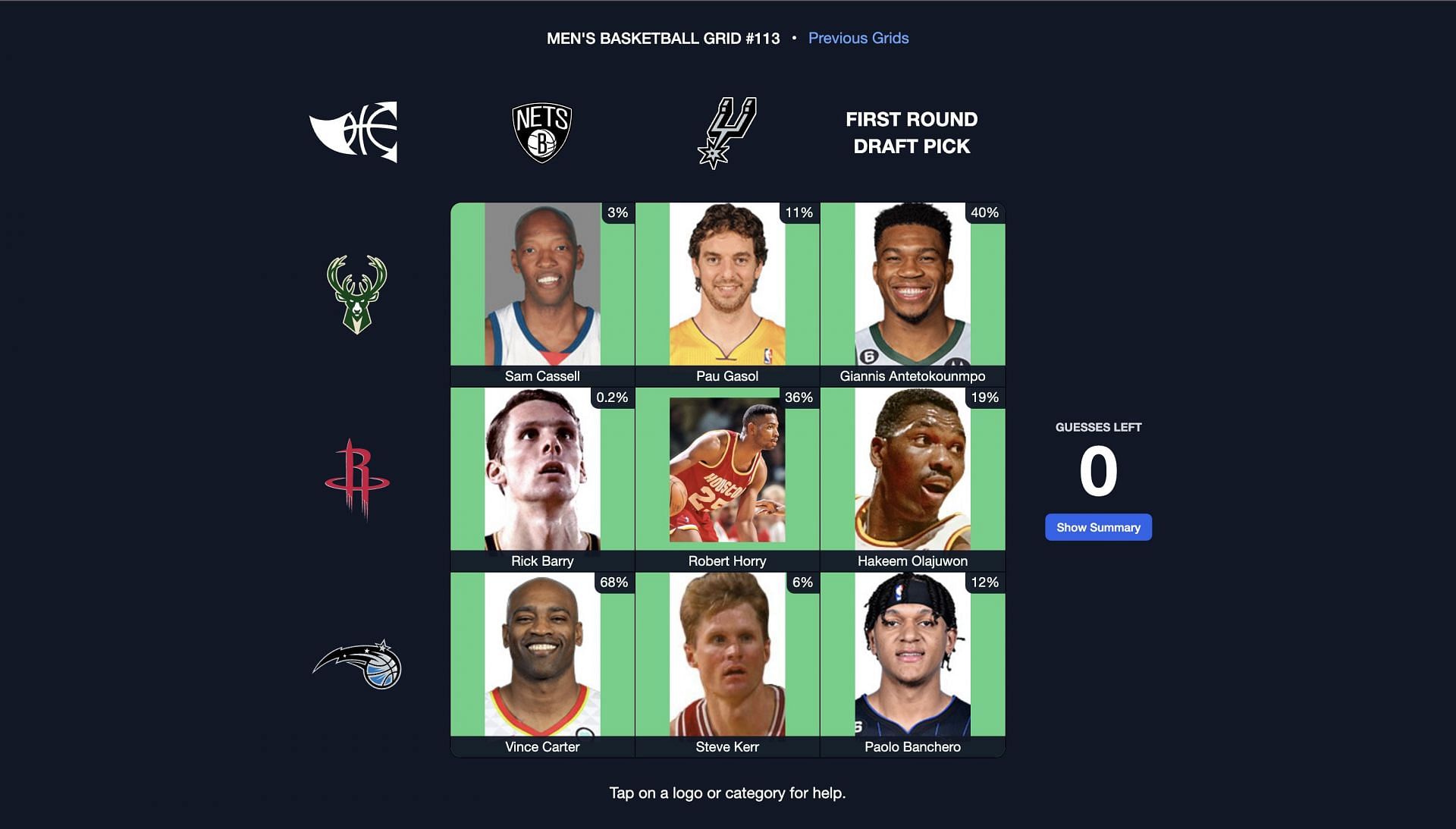 Filled-out NBA Immaculate Grid (Nov. 14)