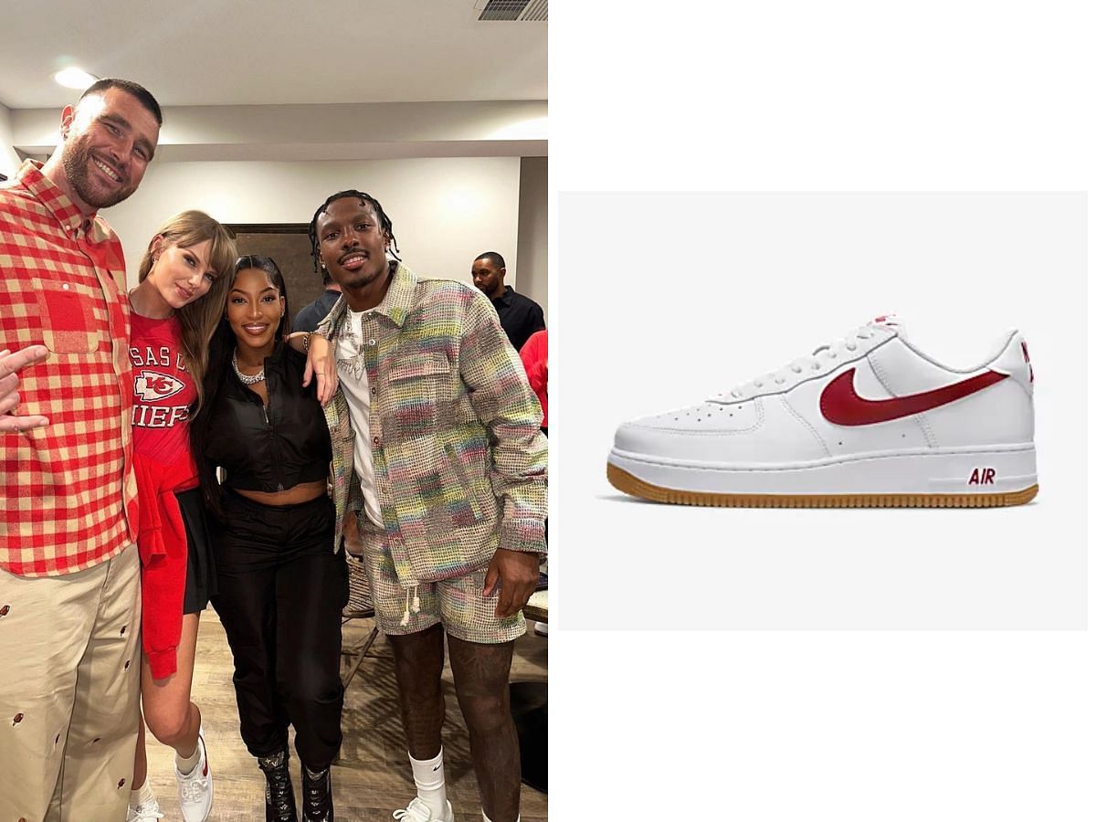 Taylor Swift was spotted at a Kansas City Chiefs&#039; game in a pair of Air Force 1 Low Retro and a closeup image of the shoes (Image via Instagram/chariah_/ Nike)