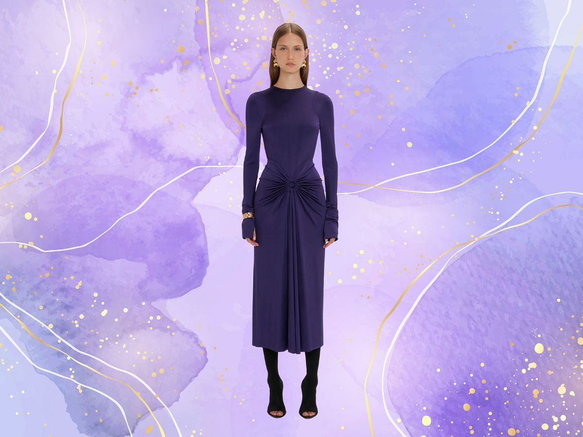 The Long sleeve gathered midi dress in ultraviolet (Image via Victoria Beckham)
